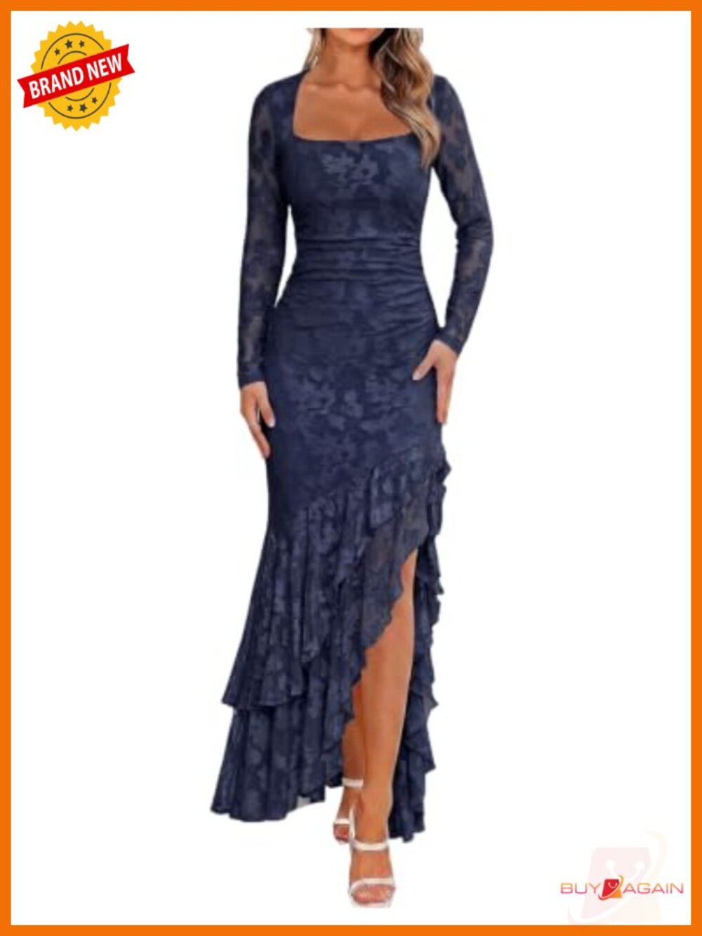 Women's Elegant Long Sleeve Maxi Dress Mesh Ruffle High Slit Formal Wedding